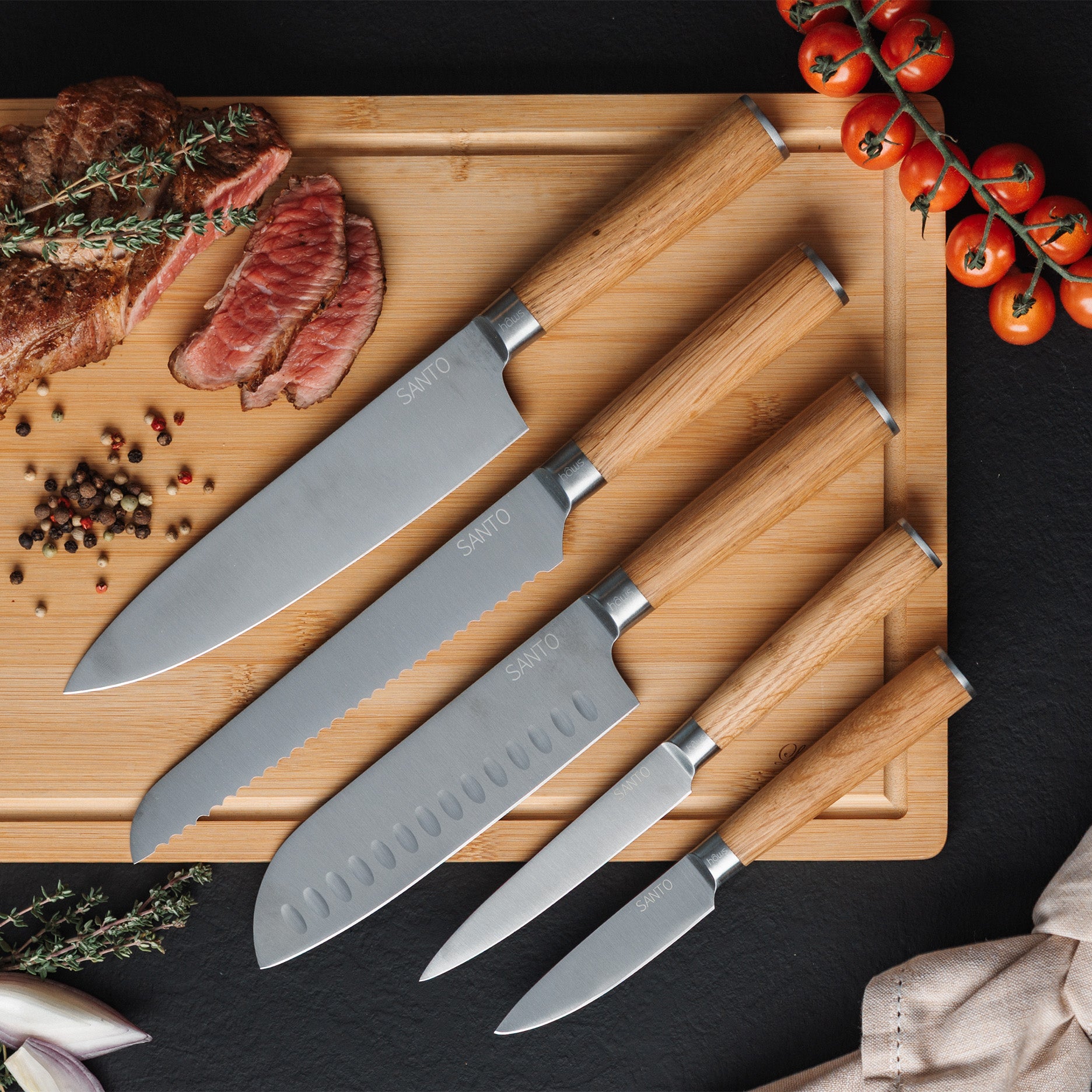 Santo knivsæt 5 dele egetræ rund
