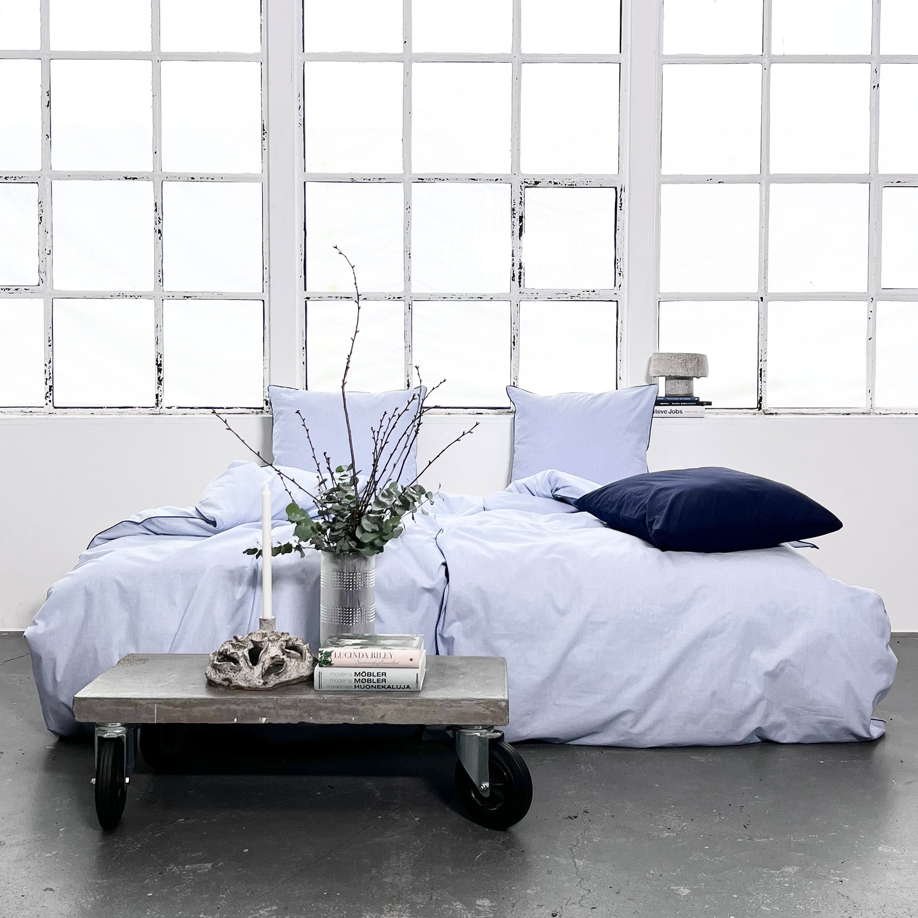 Chambré sengetøj 140x200 cm blå m/piping