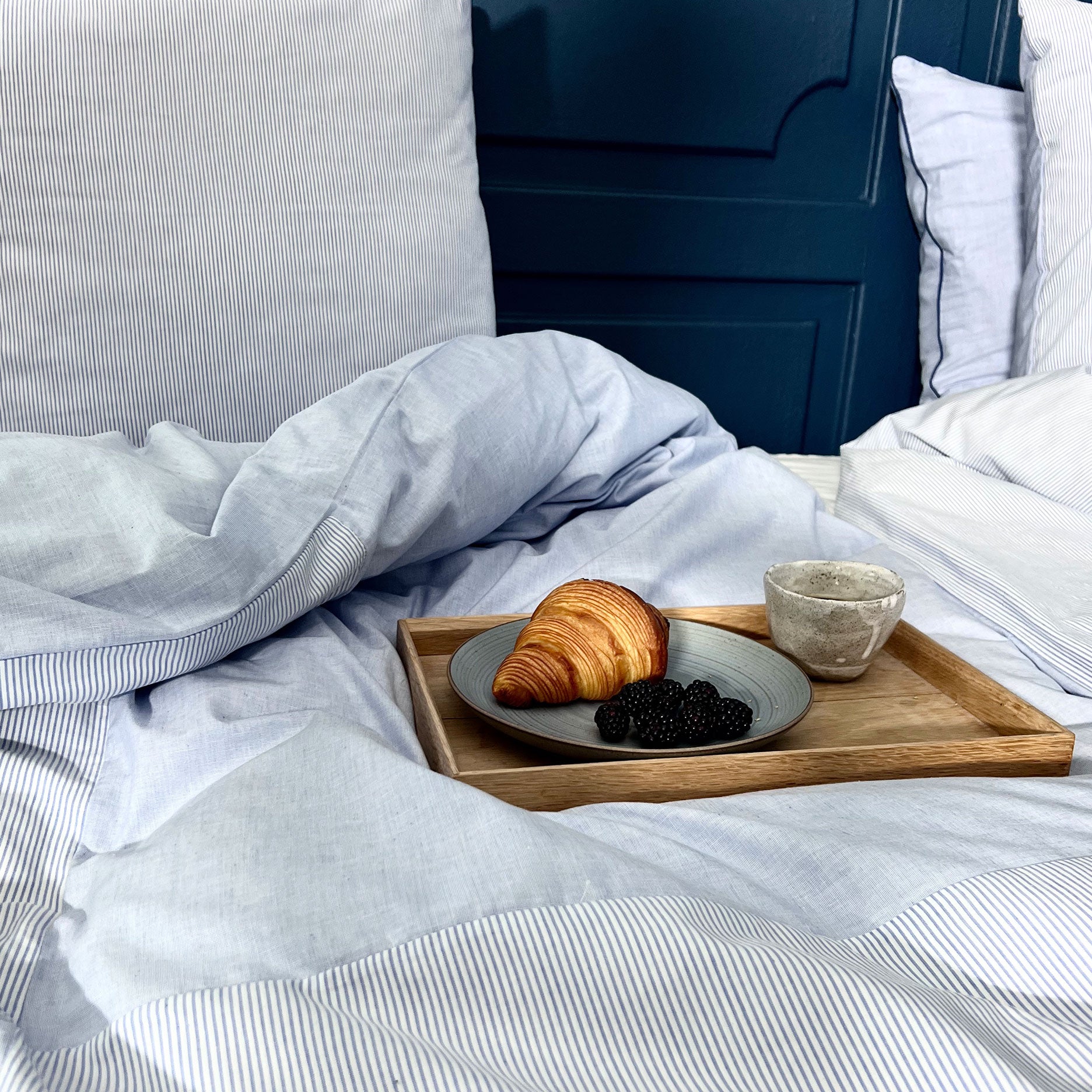 Mini strib patchwork sengetøj 140x220 cm blå