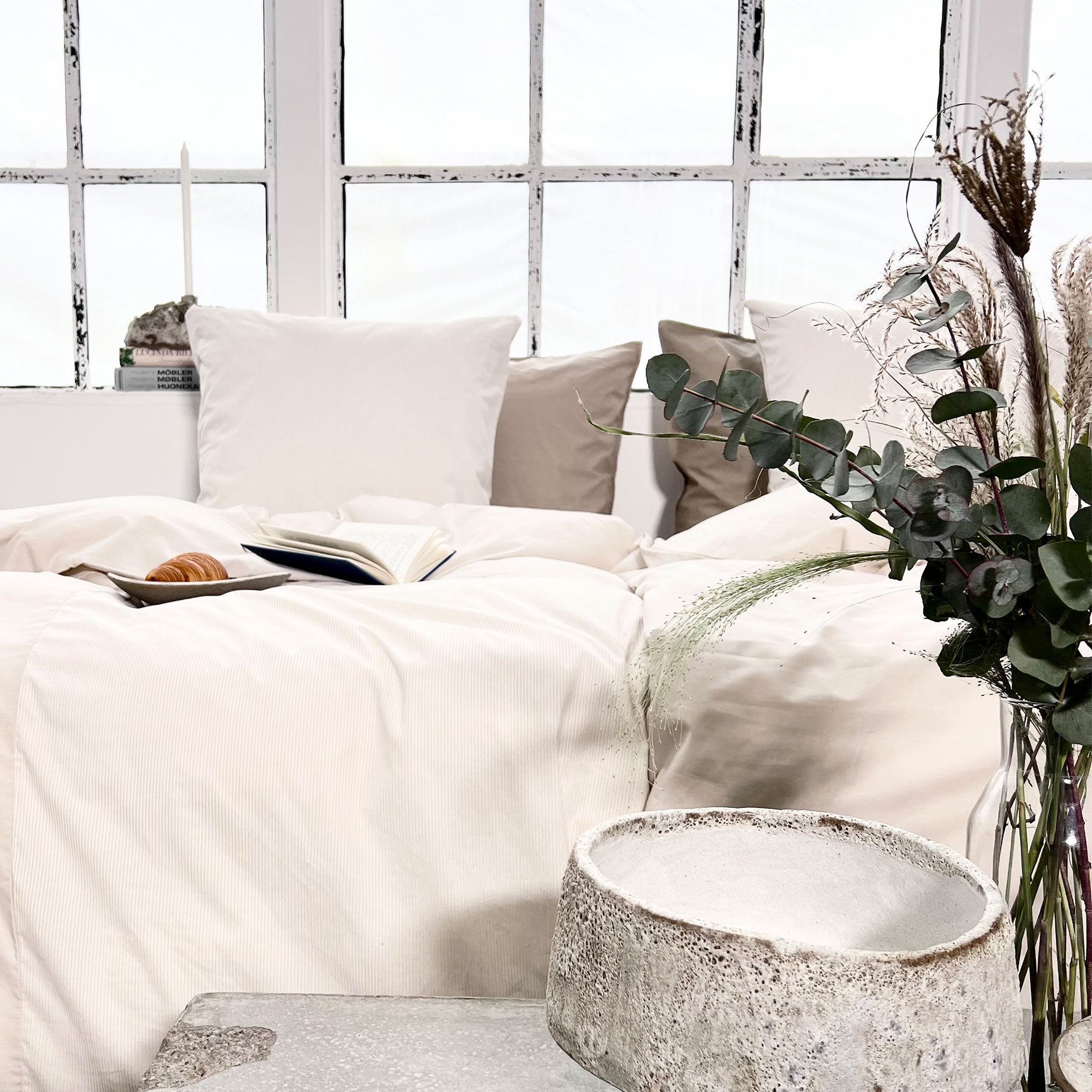 Patchwork mini strib sengetøj 140x220 cm sand